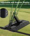 Golf Alignment Stick Holder And Training Aid For Aiming, Putting, Full Swing, Posture Correction, And Swing Plane Practice With Durable Metal Sticks For Coach Level Guidance shown with adjustable angles on grass.