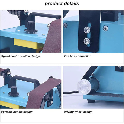 950W Electric Mini Belt Sander Double Ended Bench Grinder Kit Adjustable Angle Work Table speed control and driving wheel details