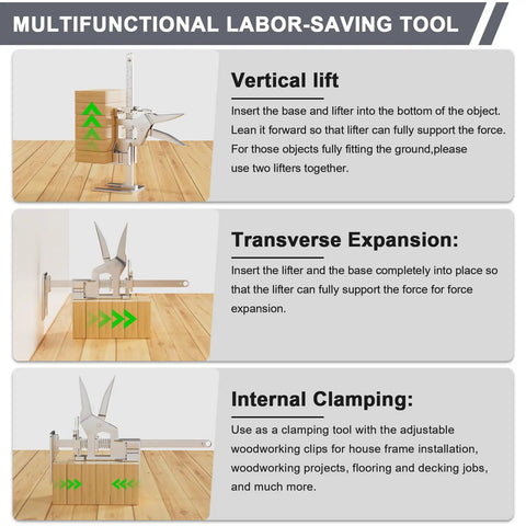 Upgrade Your Workspace Game With This 2 Pack Labor Saving Arm Jack Set showing vertical lift and internal clamping usage.