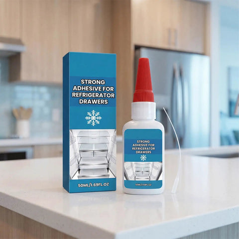 All Purpose Long Lasting Glue 50ml Heavy Duty Adhesive For Refrigerator Repair And Drawer Slides Fix It Fast Bond For Stainless Steel Glass Ceramic Wood Leather Mirror Pottery Foundry Shoes Soles And More bottle and box on countertop