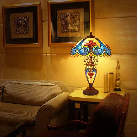 Retro Tiffany Style Table Lamp With Stained Glass, 24 Inches Tall in living room setting, orange glow, 3 LED bulbs