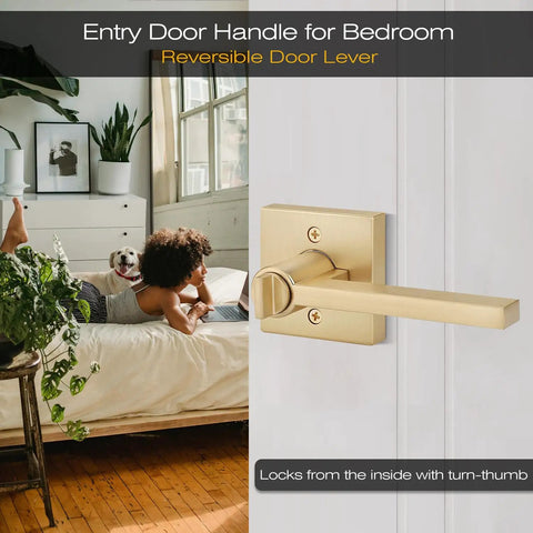 Image of five piece satin brass door handles set with lock and key for interior and exterior doors installed on bedroom door.