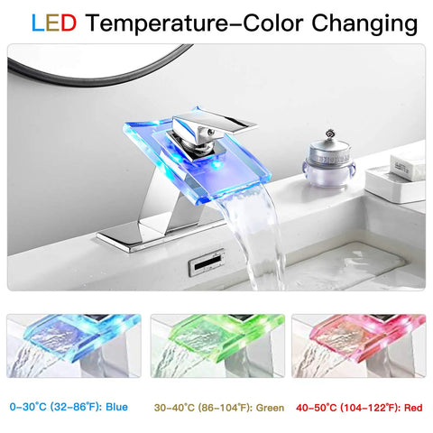 LED Bathroom Sink Faucet With Three Color Changing Light Waterfall Glass Spout Hot Cold Water Mixer Single Handle on white sink