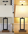 Set Of 2 Modern Bedside Lamps With USB Ports And AC Outlet 23.5 Inch Tall Wood Base With Linen Shade Double Pack On and Off view
