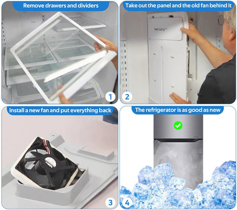 Upgraded OEM Beefed Up Refrigerator Evaporator Fan Motor With Sponge installation steps and ice cooling results.