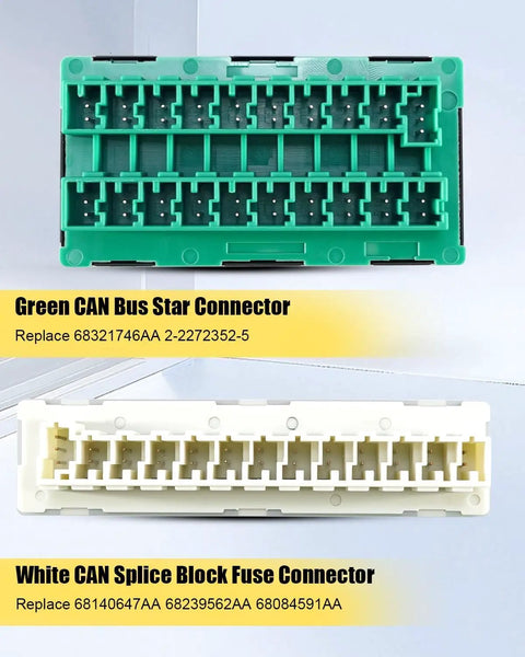 Premium Green Can Bus Star Splice Block Fuse Connector For Dodge Ram 1500 2500 3500 Jeep Wrangler Gladiator Charger Chrysler Pacifica 2015 To 2025, showing green and white connectors.