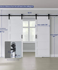 Double 30 By 84 Inch White Barn Door With 10 Ft Sliding Hardware Kit Included, Assembly Required, Waterproof PVC Surface, Fits Openings Up To 58 By 82 Inches installed, showing dimensions.