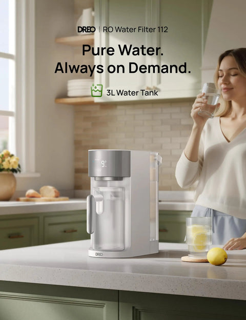 Countertop Reverse Osmosis Water Filter With 7 In 1 Purification, Auto Fill Pitcher on kitchen countertop with woman smiling.