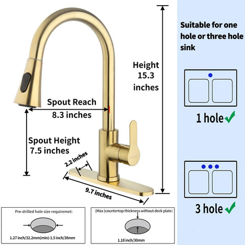 Dimensions of Brushed Gold Pull Down Kitchen Faucet With Sprayer High Arc Single Handle Stainless Steel 1 Hole Deck Mount