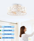 20" Retro White Floral Caged Ceiling Fan with Remote, Flush Mount Low Profile Enclosed Ceiling Fan Light Fixture, Reversible Silent DC Motor Fan for Indoor Bedroom Living Room, Bulbs Sold Separately in use.