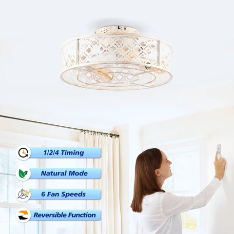 20" Retro White Floral Caged Ceiling Fan with Remote, Flush Mount Low Profile Enclosed Ceiling Fan Light Fixture, Reversible Silent DC Motor Fan for Indoor Bedroom Living Room, Bulbs Sold Separately in use.