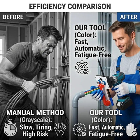 Comparison image showing a Professional Automatic Wire Fishing Tool For Wall Wiring Projects With Electric Drill Adapter in use.