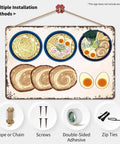Vintage Ramen Japanese Food Metal Sign 8 By 12 Inch Tin Sign Poster For Home Room Garage Office Decor Rustic Wall Art With Classic Street Style And A Cool Retro Vibe on white background with ramen illustrations and installation tools.