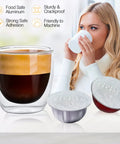 Aluminum Foil Lids For Reusable Nespresso VertuoLine Pods 120 Pack, Coffee Pod Seals, shown with coffee and woman.