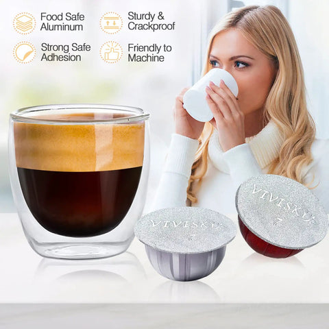 Aluminum Foil Lids For Reusable Nespresso VertuoLine Pods 120 Pack, Coffee Pod Seals, shown with coffee and woman.