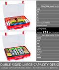 Massive 269 Battery Organizer Case With Built In Tester Dual Sided Storage For AA AAA 9V C D 18650 And Button Cells, red plastic case open