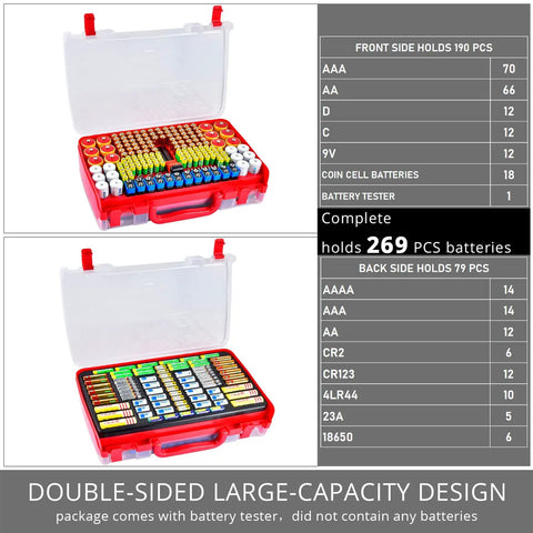 Massive 269 Battery Organizer Case With Built In Tester Dual Sided Storage For AA AAA 9V C D 18650 And Button Cells, red plastic case open