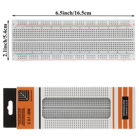 No Sweat Prototyping 20 Pack Solderless Breadboard 830 Points Kit For Arduino And Raspberry Pi Diy showing 6.5x2.1 inch breadboard with packaging.