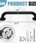 Heavy Duty 12 Inch Shower Grab Bar Built Tough For Solid Non Slip Bathroom Safety Support Rock Solid Stainless Steel Wall Mount Assist Handle In Sleek Black Finish, showing dimensions and installation details.