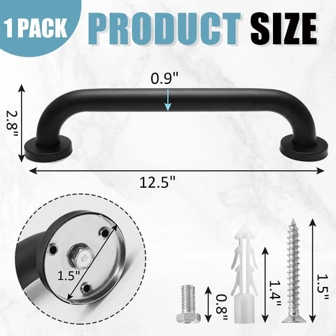 Heavy Duty 12 Inch Shower Grab Bar Built Tough For Solid Non Slip Bathroom Safety Support Rock Solid Stainless Steel Wall Mount Assist Handle In Sleek Black Finish, showing dimensions and installation details.