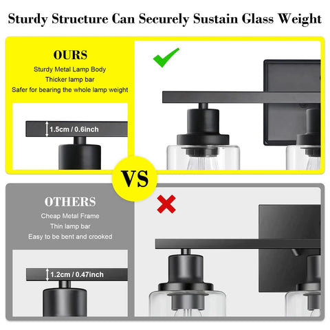 Comparison of sturdy metal structure for Three Light Black Vanity Light Fixtures With Clear Glass Shades vs thinner frame.