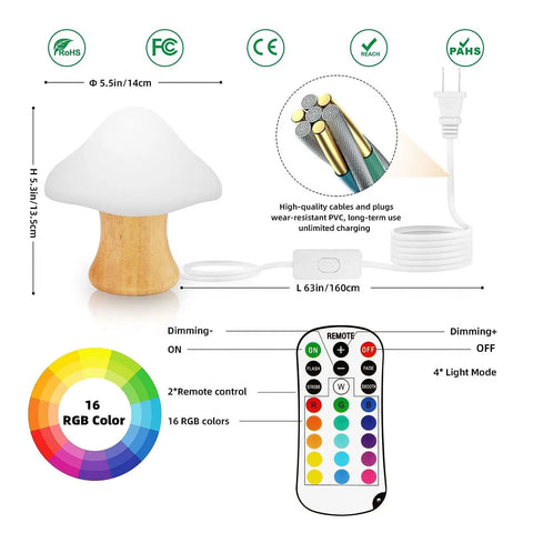 Wooden Mushroom Lamp With 16 Color Changing Options And Dual Remote Controls, detailed features with remote and color chart