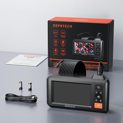 Industrial Borescope Tool With 4.3 Inch IPS Screen Bluart 3.0 Tech HD Endoscope Camera on table with packaging and accessories