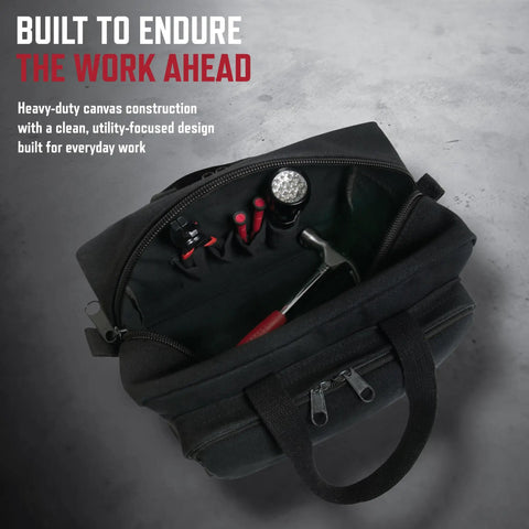 Mechanic Tool Bag With Heavy Duty Olive Drab Canvas Construction, Zipper Pockets, And Rugged Carry Handles for compact tools.