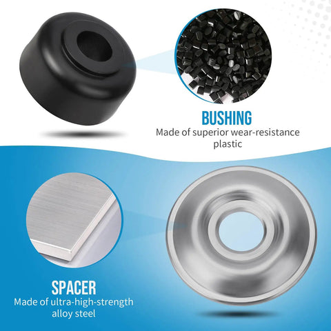 Shock Bushing Kit For Club Car DS Precedent 1982 Up And EZGO TXT Marathon 1989 Up Heavy Duty Plastic Bushings With Alloy Steel Spacers OEM 1011415, black bushing and silver spacer