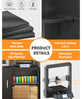 Heavy Duty Multi Shelf 3D Printer Stand With Smart Active Dehumidifying Filament Dry Box Featuring Industrial Airtight Lock, showing storage for 90 spools and space for four printers.
