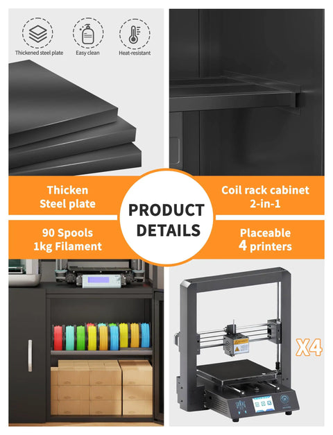 Heavy Duty Multi Shelf 3D Printer Stand With Smart Active Dehumidifying Filament Dry Box Featuring Industrial Airtight Lock, showing storage for 90 spools and space for four printers.