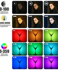 Color adjustment features of VL49 RGB Video Light For Cameras Pro Grade 360 Full Color LED Panel with brightness and hue settings.