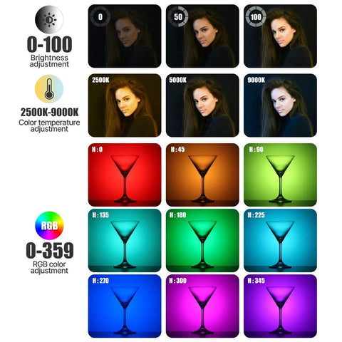 Color adjustment features of VL49 RGB Video Light For Cameras Pro Grade 360 Full Color LED Panel with brightness and hue settings.