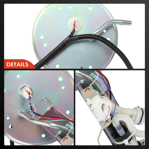 Details of Electric Fuel Pump Module With Sending Unit Direct Fit For Ford Crown Victoria 2005 To 2008, Lincoln Town Car 2005 To 2008, And Mercury Grand Marquis 2005 To 2007 V8 4.6L Gas Engine, showing top and side views with wiring and metal components.