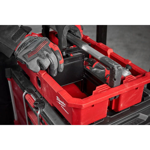 Gutsy Modular Tool Tray For Tradesmen Heavy Duty Plastic Organizer showing red bin being used with tools and gloves.