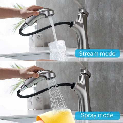 Brushed Nickel Pull Out Bathroom Faucet With 3 Spray Modes Single Hole Sink Faucet Pull Down Sprayer shown in stream and spray modes