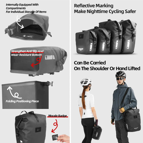 Waterproof Bike Pannier Bag 25L with Quick Release TPU Coating and Reflective Design, multiple angles and uses displayed