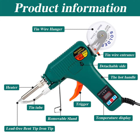 80W Soldering Gun Kit With Adjustable 180 To 520 C Temperature, LED Digital Display, detailed parts view with labels