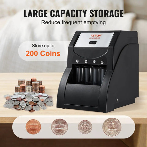 Efficient US Coin Sorter And Wrapper Machine With Four Large Coin Tubes, Sorts Pennies Nickels Dimes Quarters, Black, holds 200 coins