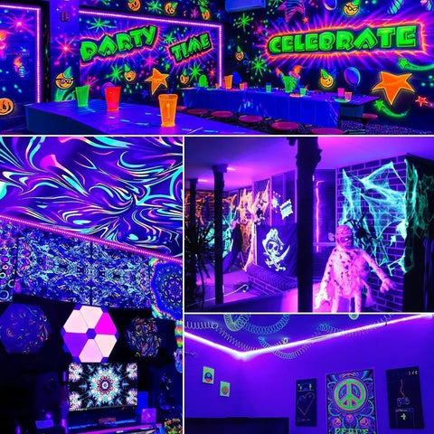 80Ft Black Light Strip With Remote, 1440 LEDs, Flexible 12V Glow Party Blacklights used in a vibrant party setup