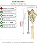 Diagram of Mechanical Clock Kit For Walls 3D Wood Puzzle DIY With Pendulum And Wooden Gears No Batteries Needed Runs 36 Hours On One Wind showing dimensions and features.
