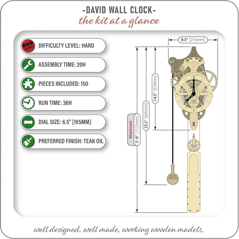Diagram of Mechanical Clock Kit For Walls 3D Wood Puzzle DIY With Pendulum And Wooden Gears No Batteries Needed Runs 36 Hours On One Wind showing dimensions and features.
