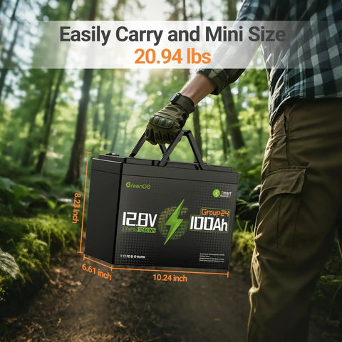 12V 100Ah LiFePO4 Battery Group 24 With Bluetooth Real Time Monitoring And 100A BMS carried by person in forest