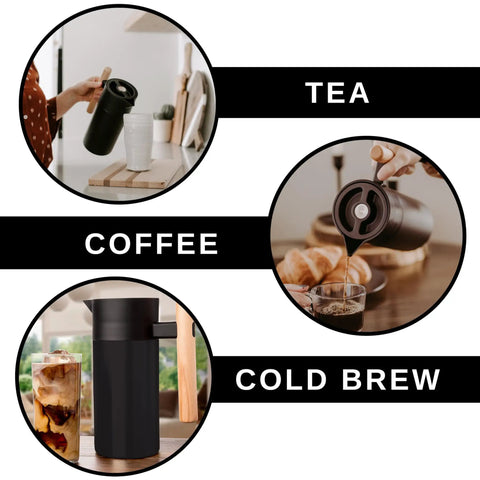 40 Oz Thermal Coffee Carafe With Tea Infuser Stainless Steel Double Walled Vacuum Insulated Beverage Dispenser used for tea, coffee, and cold brew in lifestyle settings