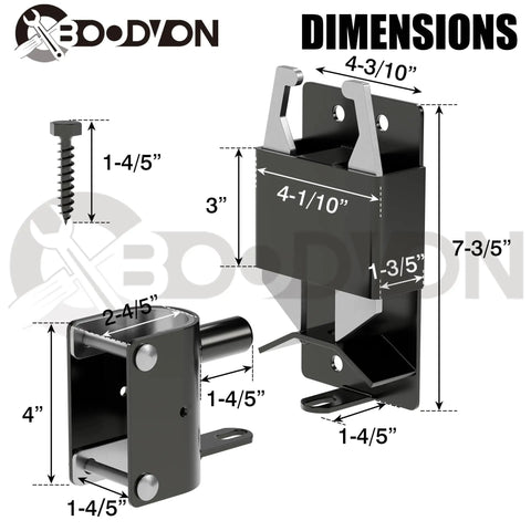 Two Way Gate Latch Heavy Duty Lockable Fence Gate Hardware For Metal Tube Gates Livestock Horse Corral Ranch Stable Self Locking 2 Pack Weather Resistant Easy Install Built Tough dimensions illustration with mounting screw and bracket sizes