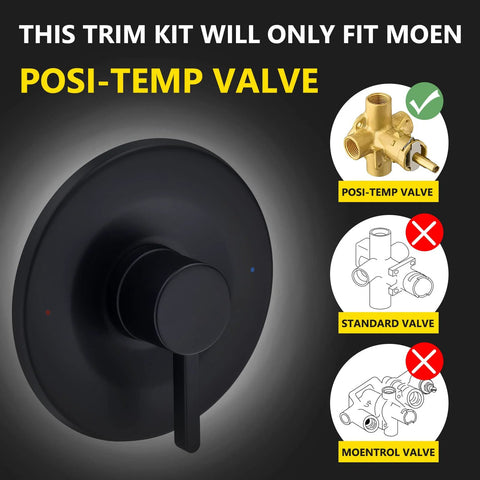 Matte black shower and tub trim kit with circular escutcheon and single lever handle, Moen Posi-Temp compatible.
