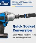 Seven Sixteenths Hex to One Half Inch Square Drive Impact Socket Adapter attached to a blue power tool, showing quick change feature.