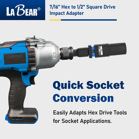 Seven Sixteenths Hex to One Half Inch Square Drive Impact Socket Adapter attached to a blue power tool, showing quick change feature.
