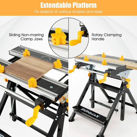 Portable Folding Workbench With Vise And Eight Sliding Clamps Seven Level Height Adjustments Tiltable Extendable Tabletop