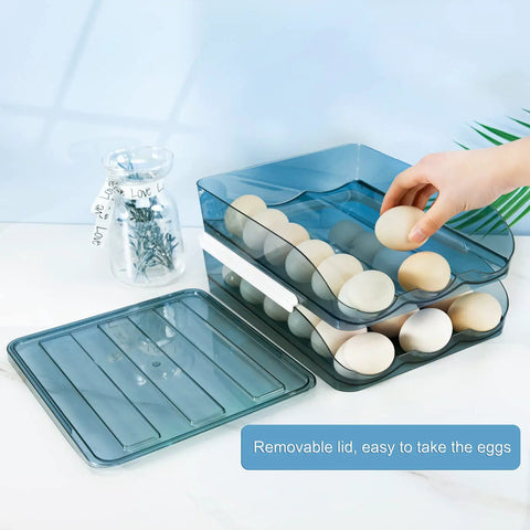 2 Layer Stackable Blue Egg Storage Box With Lid For Refrigerator Large Capacity 36 Count Egg Organizer In Clear Plastic